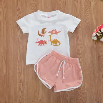 0-4Y ljetnim djeca novorođene djevojčice lijepa odjeća crtani dinosaur životinja ispis kratki rukav Majica čvrste ružičaste gaćice pamuk 2 kom.
