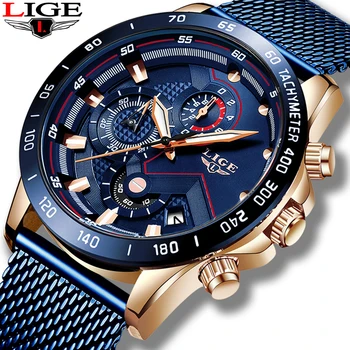 2019 LIGE Men Watch Luksuzni Brand Blue Mesh pojas ručni sat za muškarce kronograf vojne vojne kvarcni sat Relogio Masculino