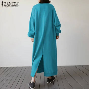 2021 jesen čvrste majica Dress ZANZEA svakodnevni Vintage dugi rukav Vestidos žene O vrat Split dugi сарафан ženski plus size