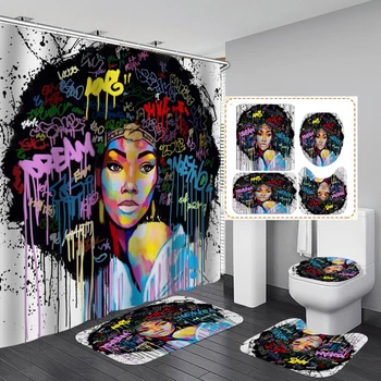 3D grafita kosa afrička djevojka moda kupaonica tuš zavjesa identitet afro žene нескользящие tepiha poklopac wc-poklopac kupatila mat skup