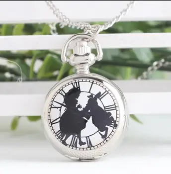 Alisa u zemlji čudesa srebro, emajl kvarc privjesak ogrlica džepni sat, poklon za rođendan