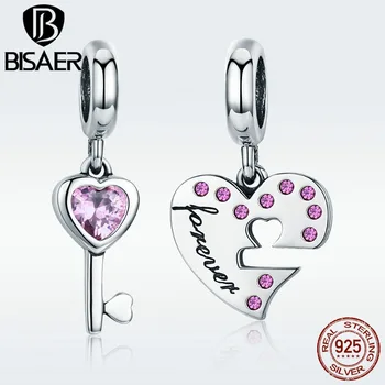 BISAER 925 sterling srebra pink CZ ključ srca 2 u 1 privjesak kuglice su pogodne za žene Pan narukvica S925 nakit poklon HSC638