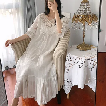 Berba ženske bijele čipke, pamuk, duge noćne košulje ljetne Ženske pidžame kućni elegantne duge noćne haljine