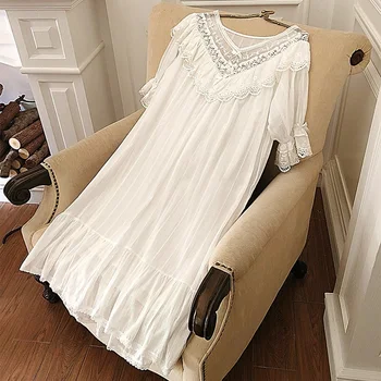 Berba ženske bijele čipke, pamuk, duge noćne košulje ljetne Ženske pidžame kućni elegantne duge noćne haljine