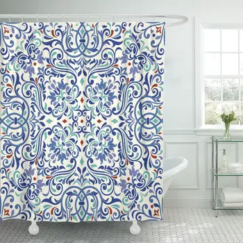 Bež Marokanski turski šareni uzorak beskrajne Keramički pločica plave zavjese za tuširanje Vodootporno platno 72 x 72 cm komplet