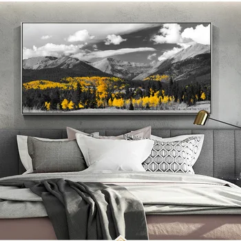 Crno bijeli krajobrazne plakata i grafika zlatno žute drveće, planine oblak platnu Slikarstvo zidni paneli za dnevni boravak
