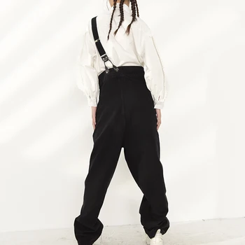 [EAM] crna nepravilan traper kombinezon dugi široke traperice nove visoke struka slobodne ženske hlače moda za proljeće, jesen 2021 1DB20001