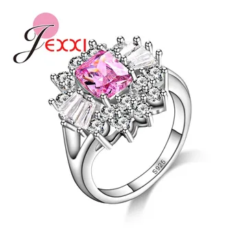 Fin Nakit Žena Lijepa Trg Brušenje Pink Prozirni Kristal Prst Prsten 925 Sterling Srebra Vjenčanje Pribor