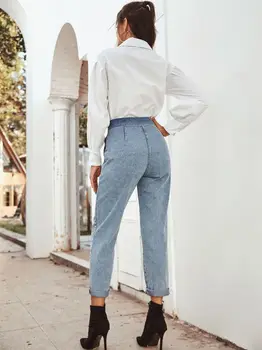 Pantalon Vintage visokim Strukom ravne traperice hlače za žene ulica odjeća slobodne ženske traperice zona munja Ženske traperice 10522