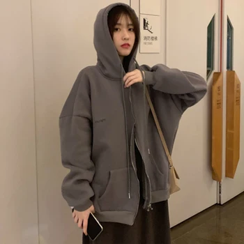 Pariz djevojka Zip-up žene korejski stil hoodies stare pune boje, dugi rukav oversize majica s kapuljačom Dama žene su veliki kaput