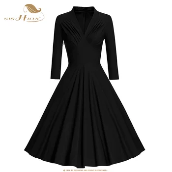 SISHION jesen Hepburn 50 i 60-ih godina klasicni dugi rukav pamuk Dress žene QY0202 A Line plus size V-neck, vintage haljine stranke