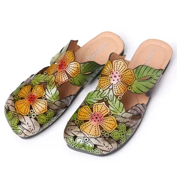 SOCOFY Češka ženska kožna obuća retro stil cvjetni listovi сращивание kvadratnom čarapa stan papuče vanjski plaža мулы cipele 2020