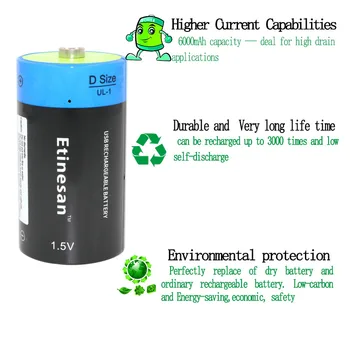 Snažne litij-ion punjiva litij-polimer baterija Etinesan 1.5 v 9000mWh D size za punjenje s antenskim kabelom Micro USB