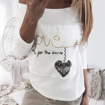 T-shirt majice ženski moda i Ženski s dugim rukavima pisma ljubav srce ispis šivanje bijela ramena svakodnevni ženska košulja