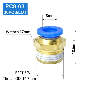 Visoka kvaliteta 30шт BSPT PC8-03, 8 mm do 3/8' pneumatski priključci muške ravno elementi na jedan dodir