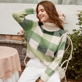 Žene Svakodnevni водолазка kockice džemper ženski jesen zima dugih rukava pletene džemper ženski ulični odjeća dame pulover kardigan