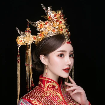 NiuShuya New Luxury Chinese Gold Wedding Crown Naušnice Drevne Svadbene Frizure Duge Kićankama Vjenčanje Pribor Nakit Za Kosu