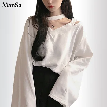 Žene su proljeće i jesen majice prevelike čvrsta dna dugi rukav majica Divlji korejski minimalistički stil выдалбливают seksi bijeli top